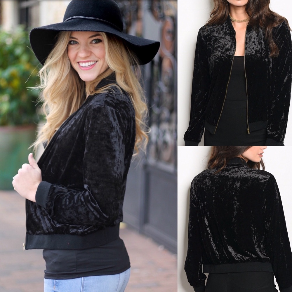 Crushed velvet black bomber jacket